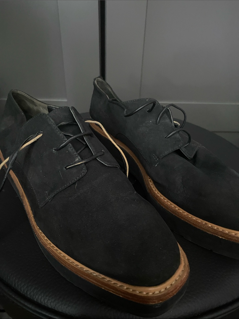 Vince Black Suede Lace-Up Flats with Brown Welt